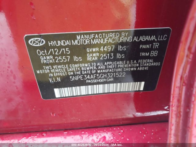 Photo 8 VIN: 5NPE34AF5GH321522 - HYUNDAI SONATA 