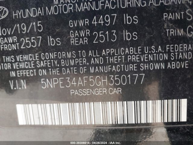 Photo 8 VIN: 5NPE34AF5GH350177 - HYUNDAI SONATA 