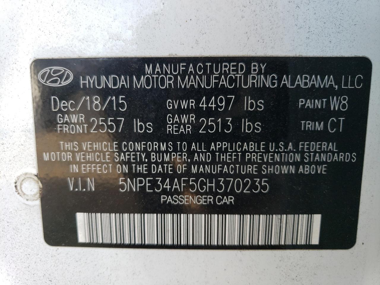 Photo 11 VIN: 5NPE34AF5GH370235 - HYUNDAI SONATA 