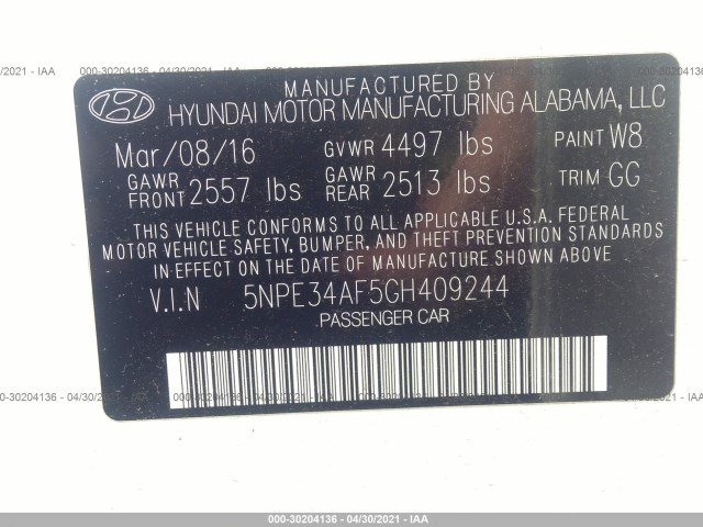 Photo 8 VIN: 5NPE34AF5GH409244 - HYUNDAI SONATA 