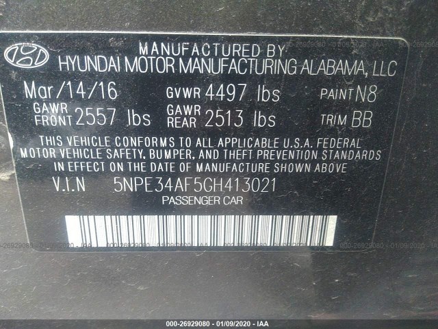 Photo 8 VIN: 5NPE34AF5GH413021 - HYUNDAI SONATA 