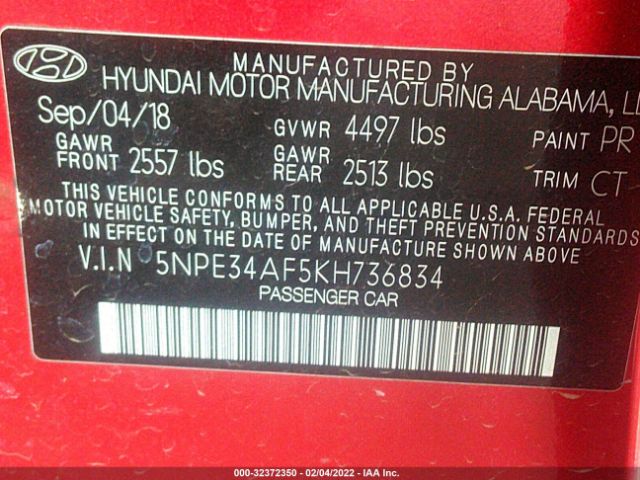 Photo 8 VIN: 5NPE34AF5KH736834 - HYUNDAI SONATA 