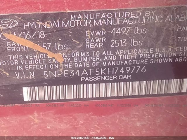 Photo 8 VIN: 5NPE34AF5KH749776 - HYUNDAI SONATA 