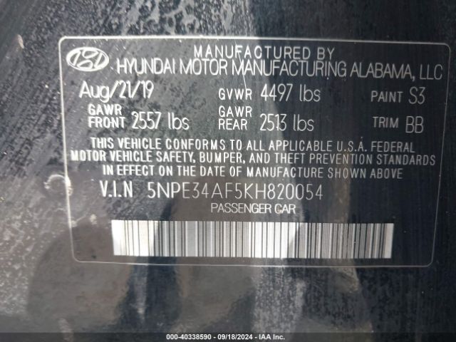 Photo 8 VIN: 5NPE34AF5KH820054 - HYUNDAI SONATA 