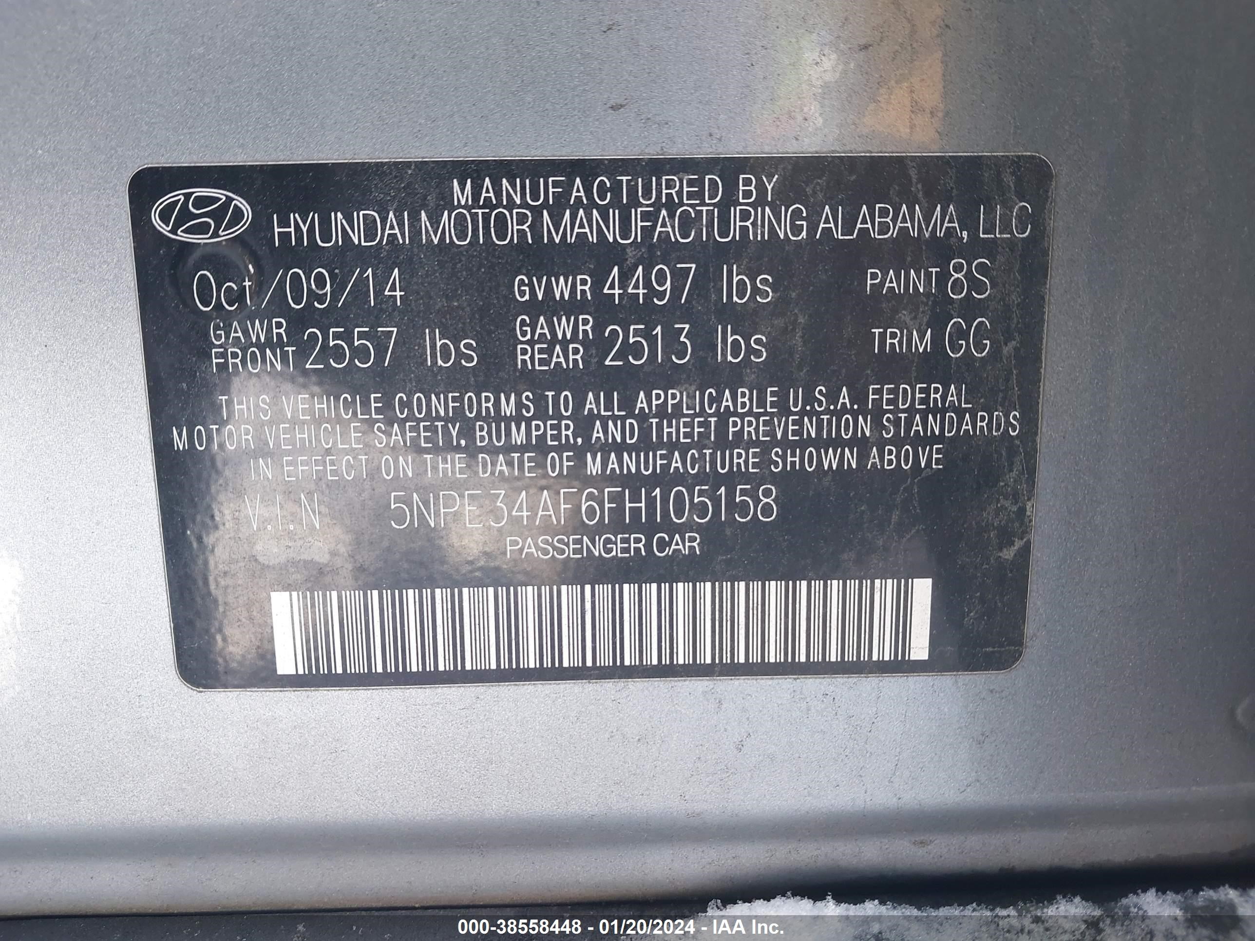 Photo 8 VIN: 5NPE34AF6FH105158 - HYUNDAI SONATA 