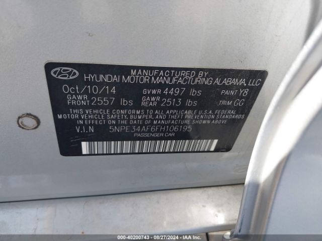 Photo 8 VIN: 5NPE34AF6FH106195 - HYUNDAI SONATA 