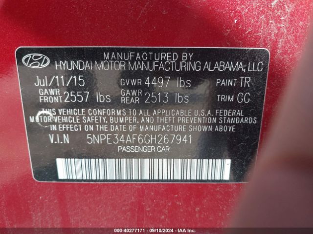 Photo 8 VIN: 5NPE34AF6GH267941 - HYUNDAI SONATA 