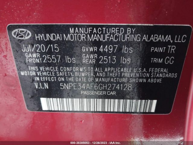 Photo 8 VIN: 5NPE34AF6GH274128 - HYUNDAI SONATA 