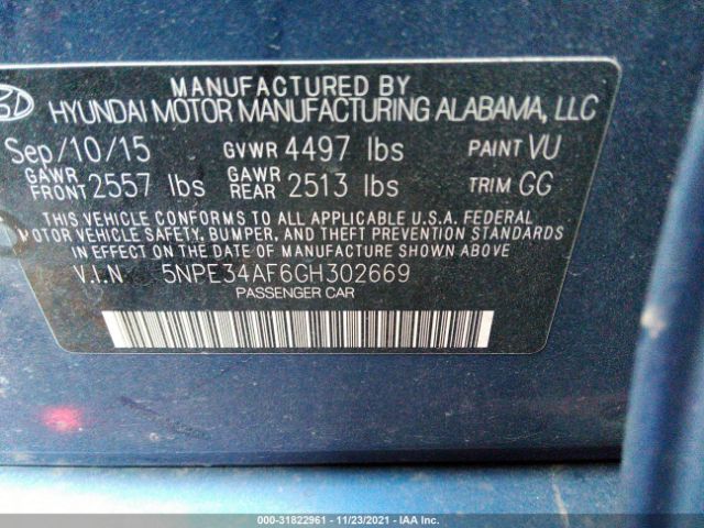 Photo 8 VIN: 5NPE34AF6GH302669 - HYUNDAI SONATA 