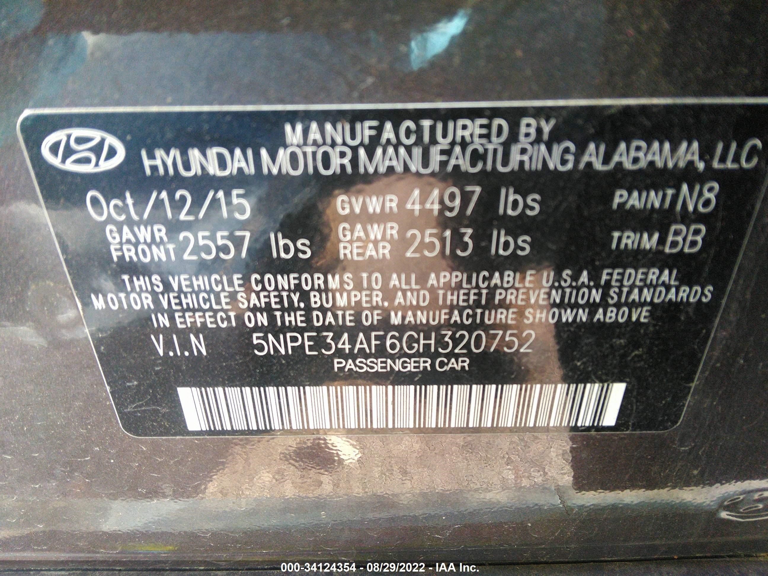 Photo 8 VIN: 5NPE34AF6GH320752 - HYUNDAI SONATA 