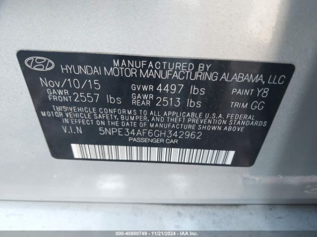 Photo 8 VIN: 5NPE34AF6GH342962 - HYUNDAI SONATA 