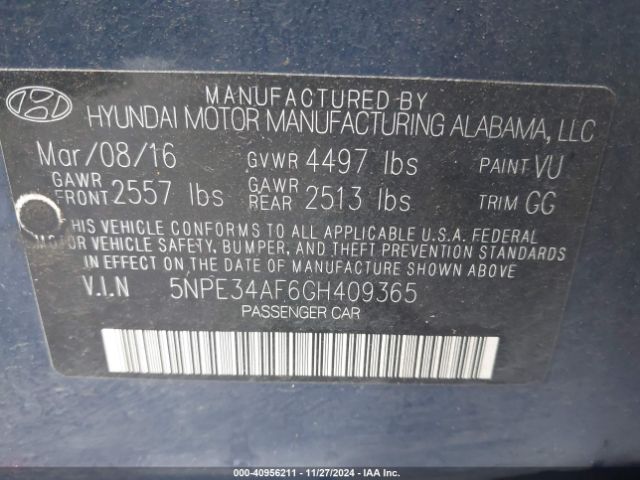 Photo 8 VIN: 5NPE34AF6GH409365 - HYUNDAI SONATA 