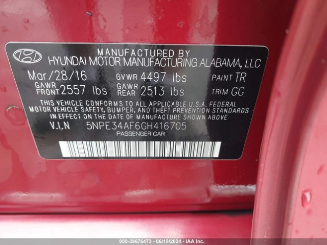 Photo 8 VIN: 5NPE34AF6GH416705 - HYUNDAI SONATA 