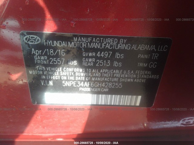 Photo 8 VIN: 5NPE34AF6GH428255 - HYUNDAI SONATA 