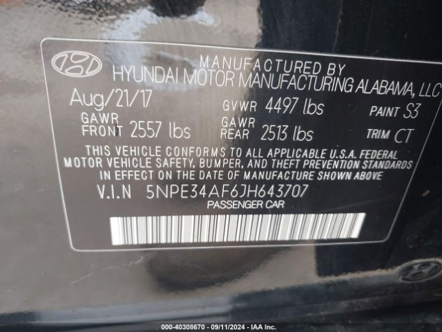 Photo 8 VIN: 5NPE34AF6JH643707 - HYUNDAI SONATA 