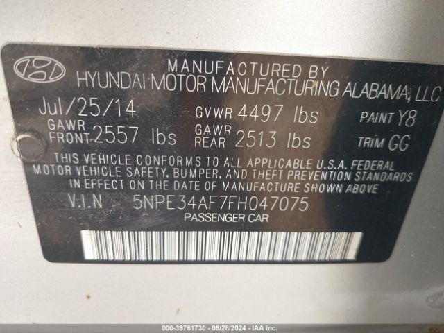 Photo 8 VIN: 5NPE34AF7FH047075 - HYUNDAI SONATA 