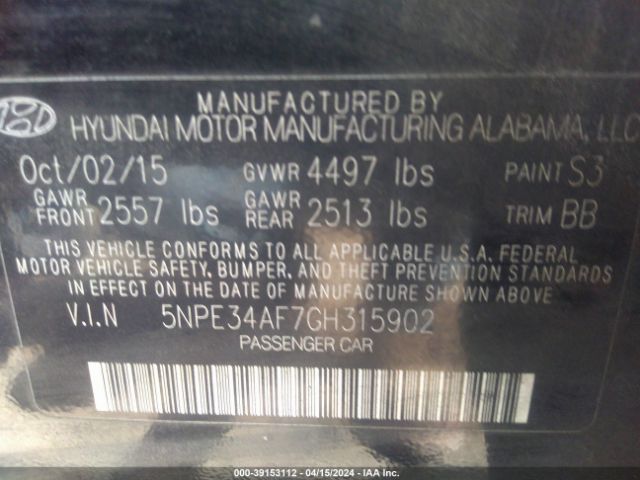 Photo 8 VIN: 5NPE34AF7GH315902 - HYUNDAI SONATA 