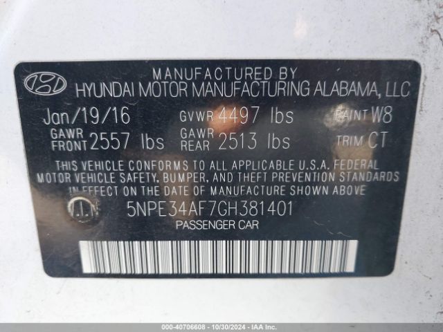 Photo 8 VIN: 5NPE34AF7GH381401 - HYUNDAI SONATA 