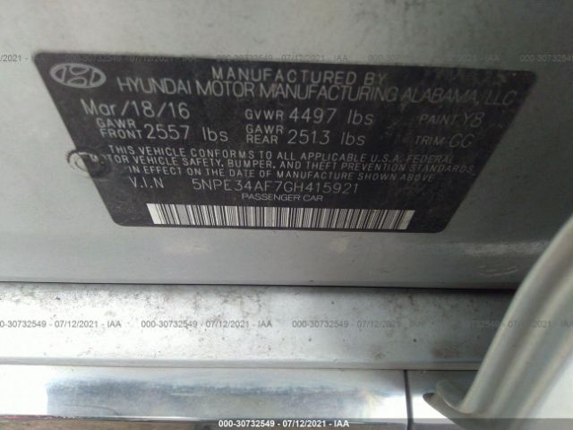 Photo 8 VIN: 5NPE34AF7GH415921 - HYUNDAI SONATA 