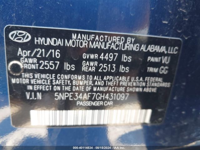 Photo 8 VIN: 5NPE34AF7GH431097 - HYUNDAI SONATA 