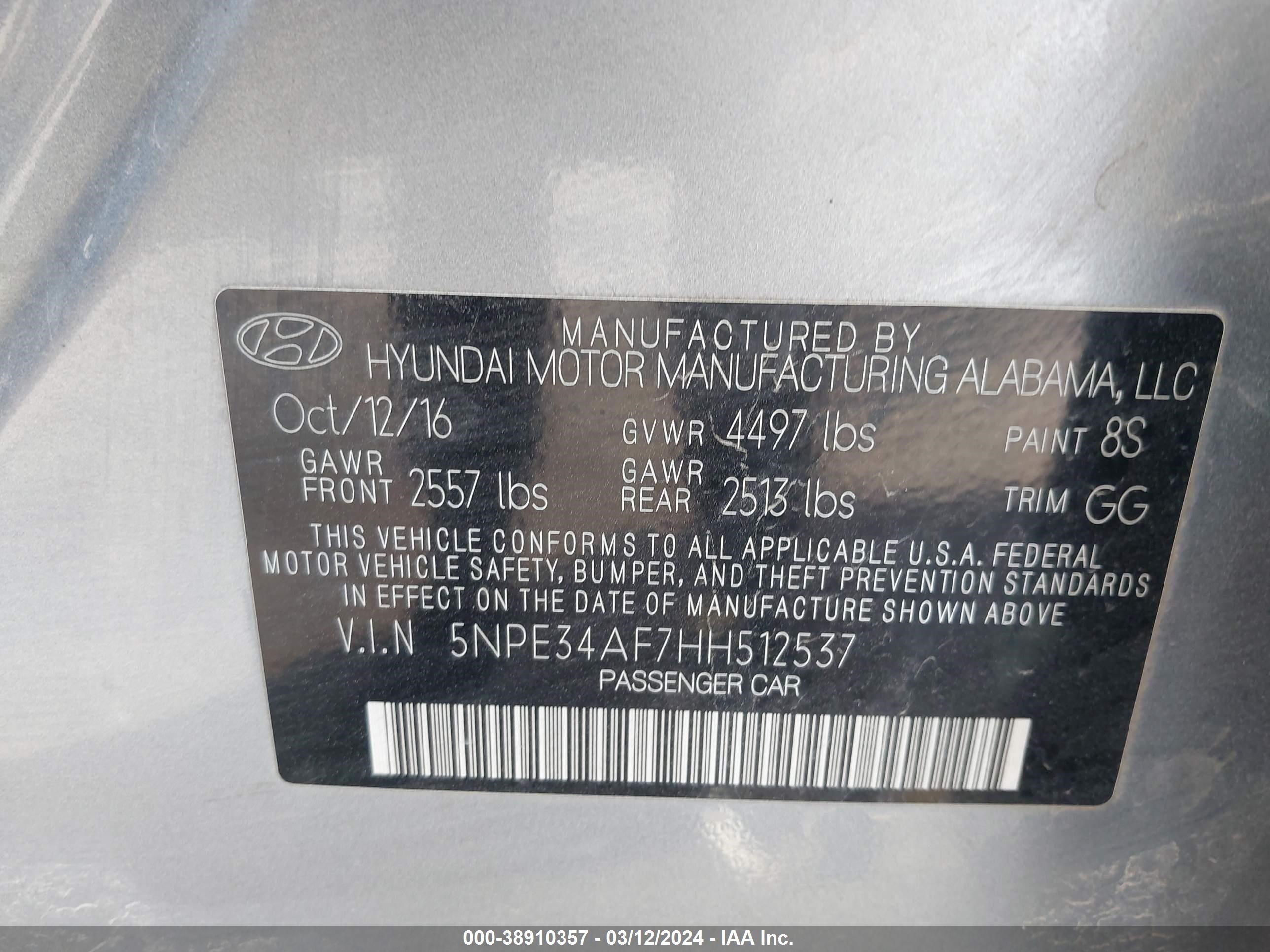 Photo 8 VIN: 5NPE34AF7HH512537 - HYUNDAI SONATA 