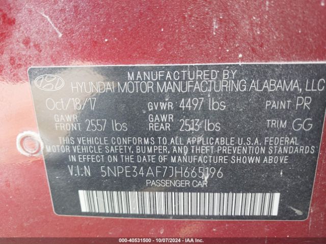 Photo 8 VIN: 5NPE34AF7JH665196 - HYUNDAI SONATA 