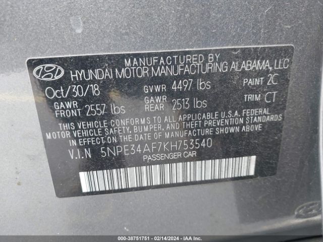 Photo 8 VIN: 5NPE34AF7KH753540 - HYUNDAI SONATA 