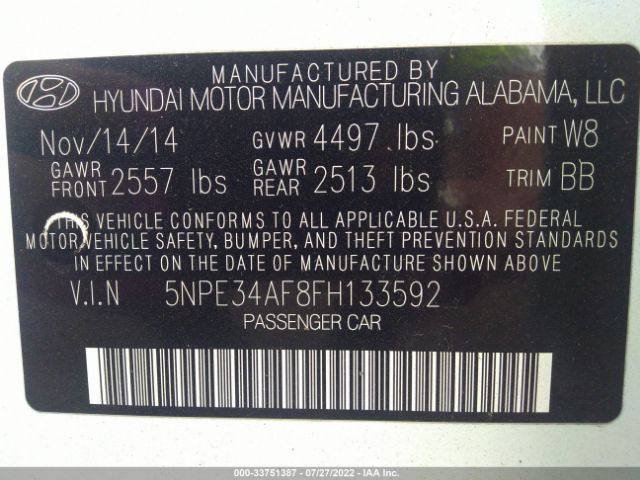 Photo 8 VIN: 5NPE34AF8FH133592 - HYUNDAI SONATA 