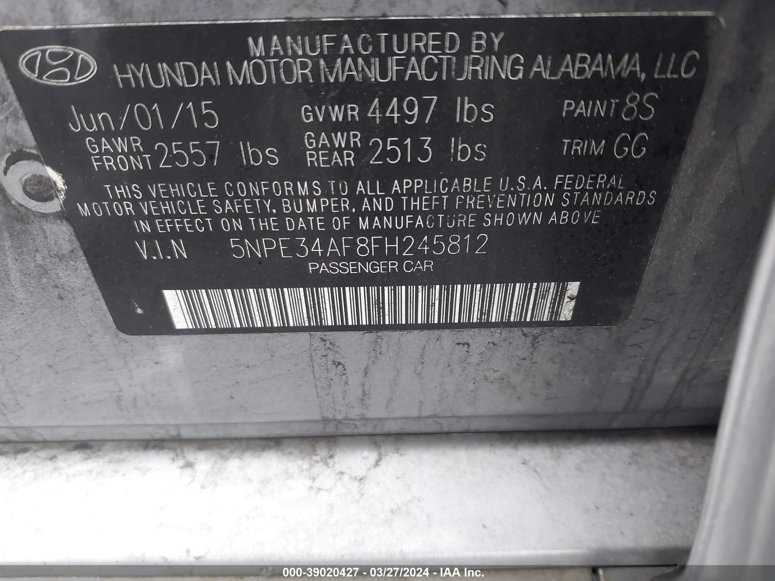 Photo 8 VIN: 5NPE34AF8FH245812 - HYUNDAI SONATA 