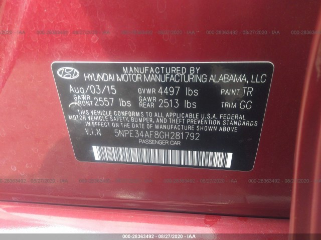 Photo 8 VIN: 5NPE34AF8GH281792 - HYUNDAI SONATA 