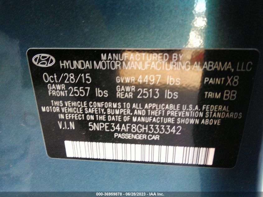 Photo 8 VIN: 5NPE34AF8GH333342 - HYUNDAI SONATA 