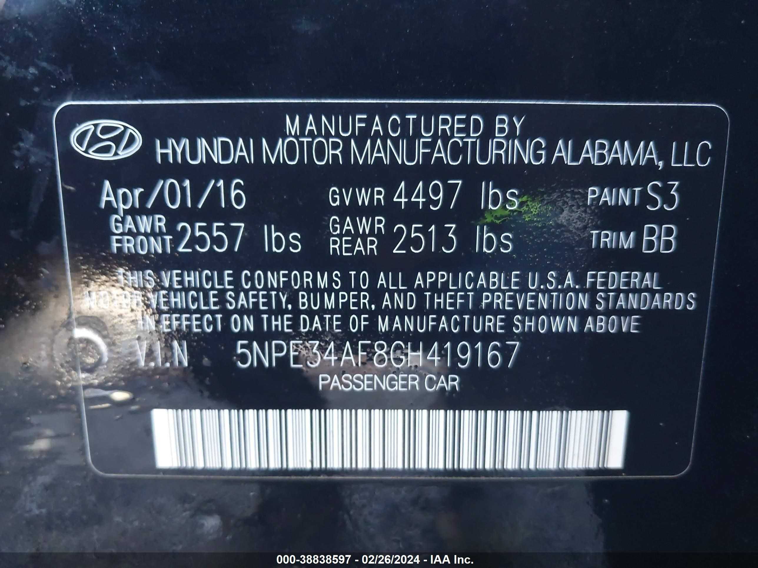 Photo 8 VIN: 5NPE34AF8GH419167 - HYUNDAI SONATA 