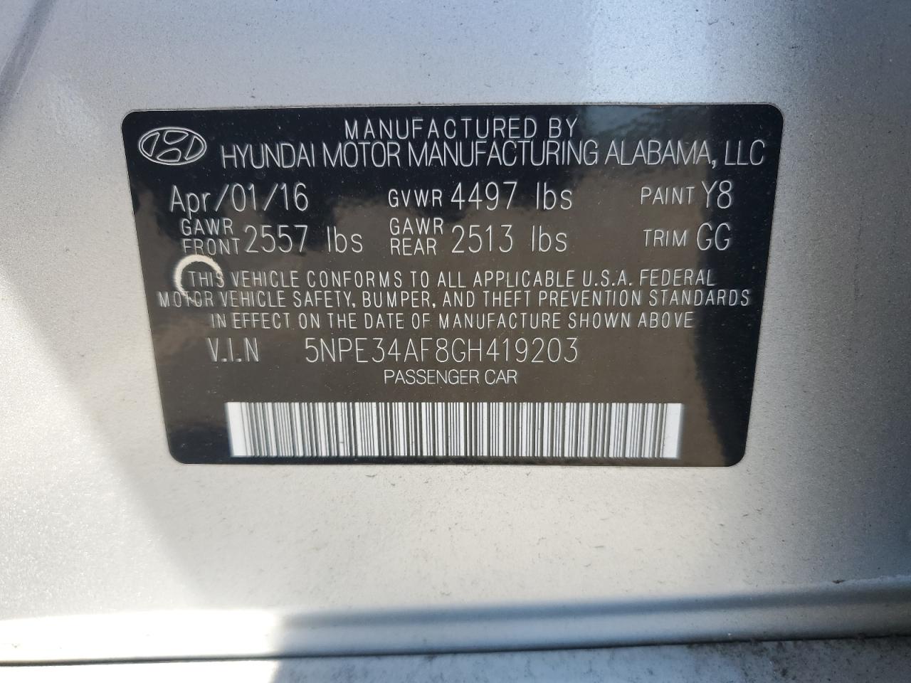 Photo 11 VIN: 5NPE34AF8GH419203 - HYUNDAI SONATA 