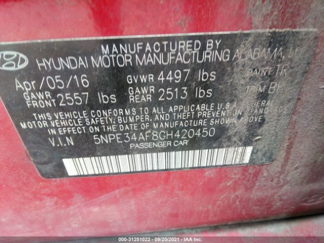 Photo 8 VIN: 5NPE34AF8GH420450 - HYUNDAI SONATA 