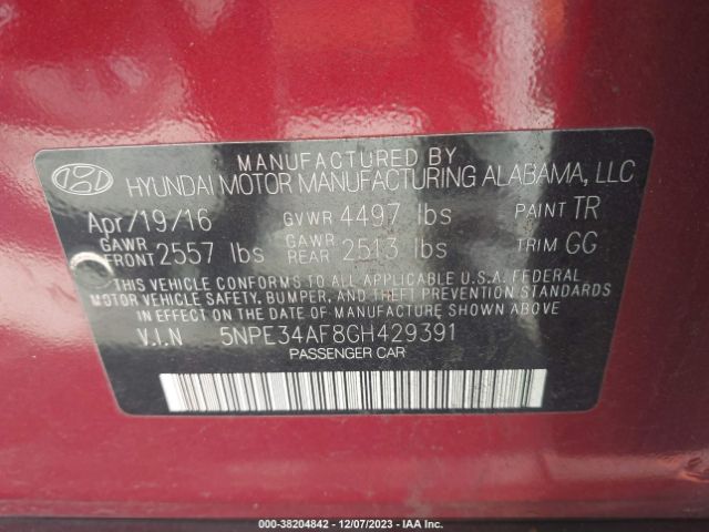 Photo 8 VIN: 5NPE34AF8GH429391 - HYUNDAI SONATA 