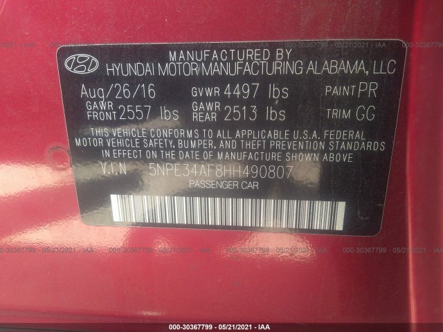 Photo 8 VIN: 5NPE34AF8HH490807 - HYUNDAI SONATA 