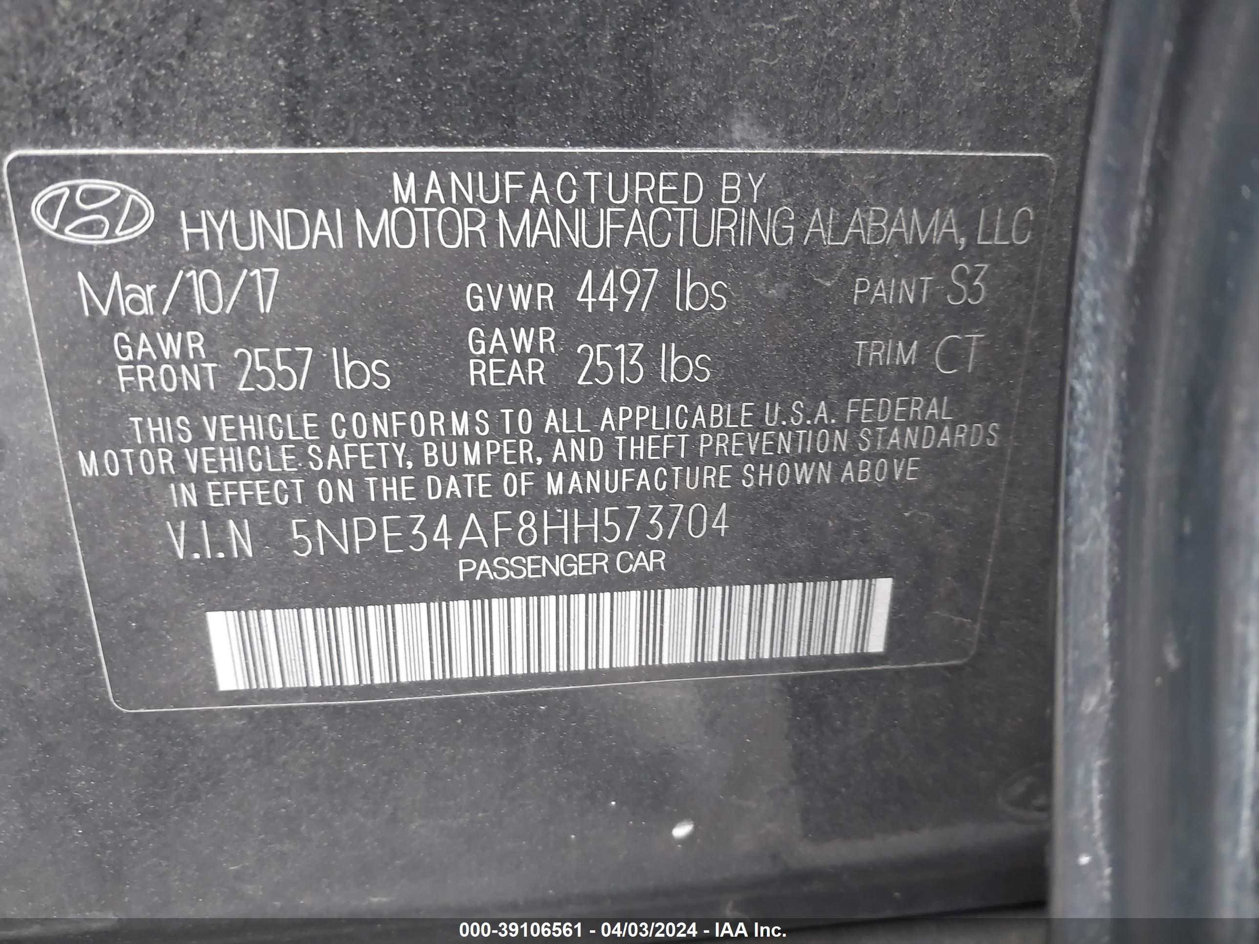 Photo 8 VIN: 5NPE34AF8HH573704 - HYUNDAI SONATA 