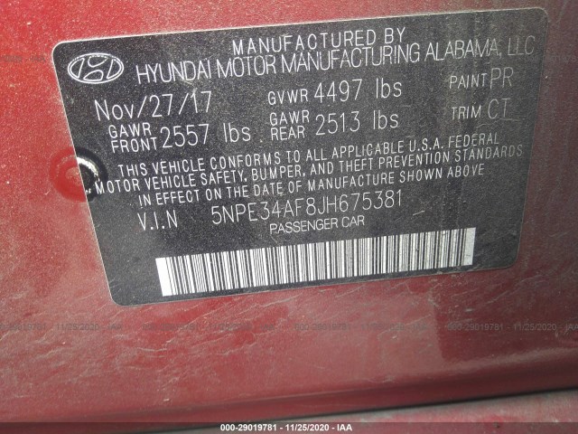 Photo 8 VIN: 5NPE34AF8JH675381 - HYUNDAI SONATA 