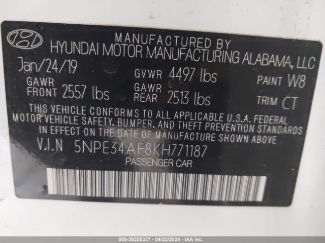 Photo 8 VIN: 5NPE34AF8KH771187 - HYUNDAI SONATA 