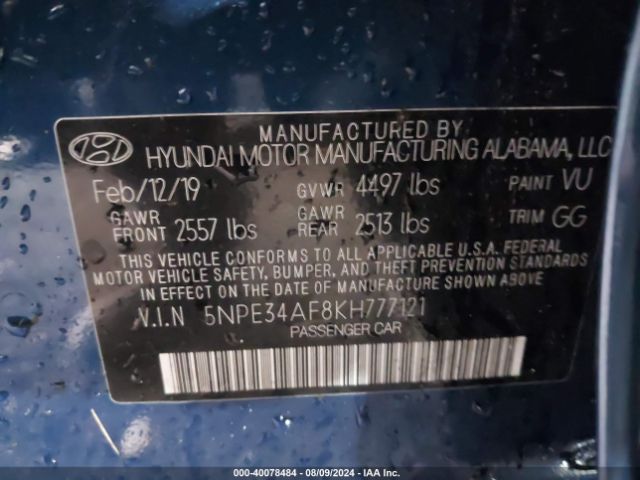 Photo 8 VIN: 5NPE34AF8KH777121 - HYUNDAI SONATA 