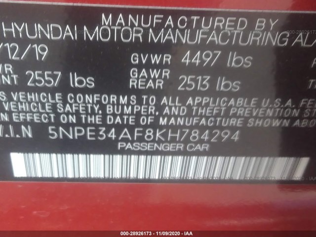 Photo 8 VIN: 5NPE34AF8KH784294 - HYUNDAI SONATA 