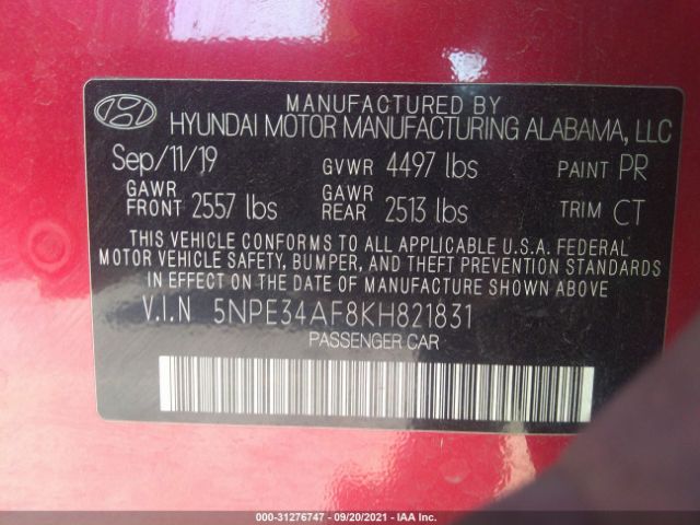 Photo 8 VIN: 5NPE34AF8KH821831 - HYUNDAI SONATA 