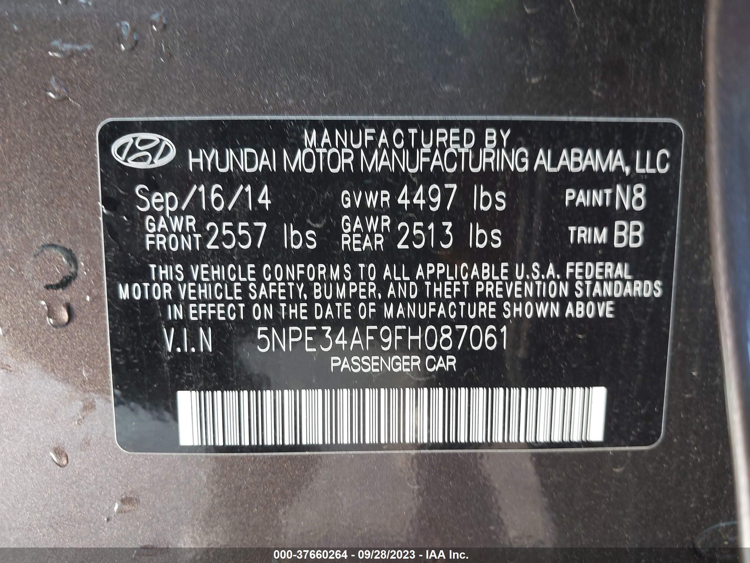 Photo 8 VIN: 5NPE34AF9FH087061 - HYUNDAI SONATA 