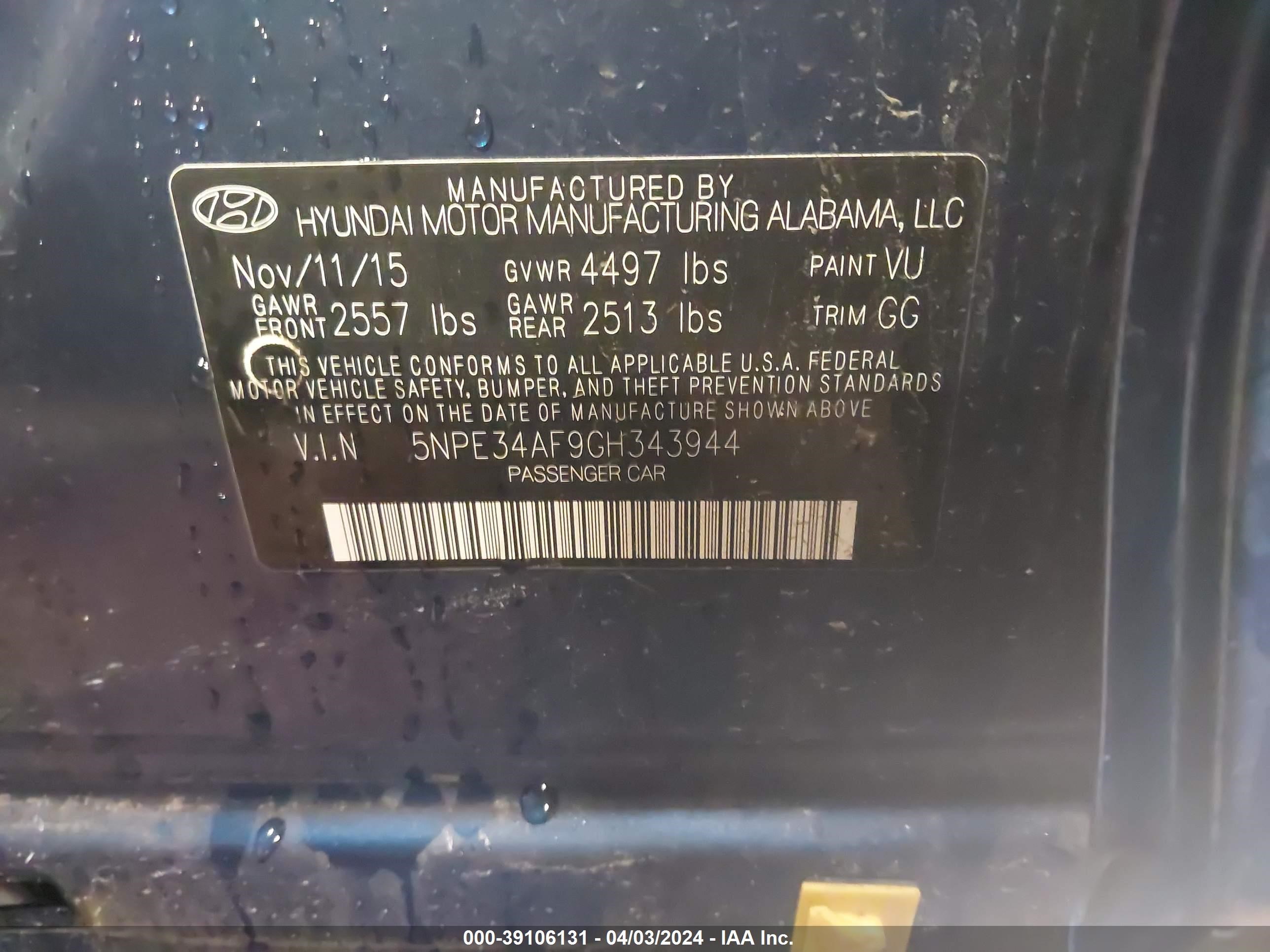 Photo 8 VIN: 5NPE34AF9GH343944 - HYUNDAI SONATA 