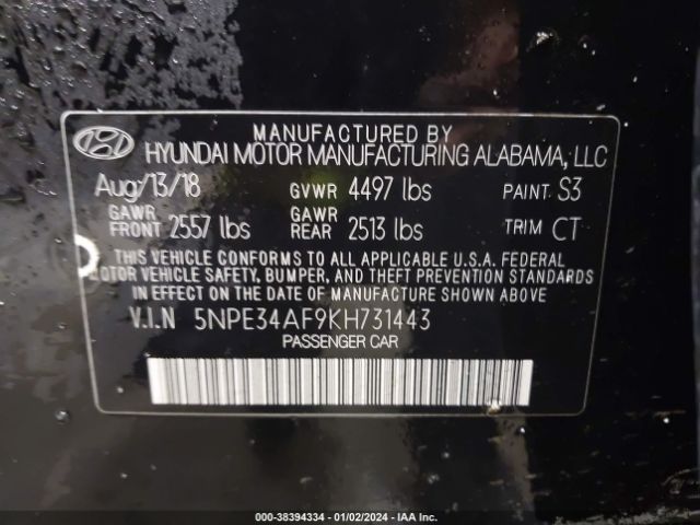 Photo 8 VIN: 5NPE34AF9KH731443 - HYUNDAI SONATA 