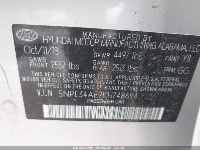 Photo 8 VIN: 5NPE34AF9KH748694 - HYUNDAI SONATA 