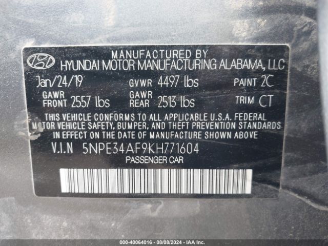 Photo 8 VIN: 5NPE34AF9KH771604 - HYUNDAI SONATA 