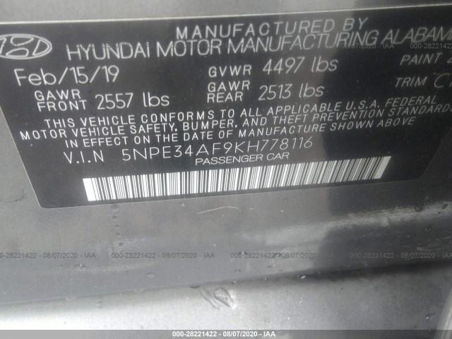 Photo 8 VIN: 5NPE34AF9KH778116 - HYUNDAI SONATA 