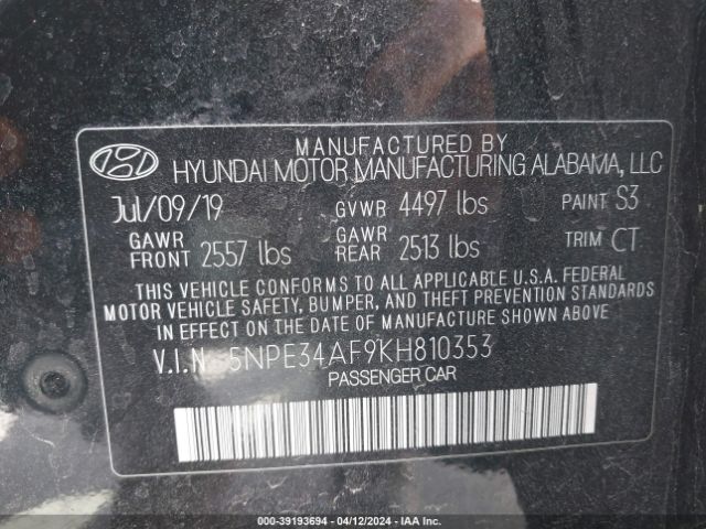 Photo 8 VIN: 5NPE34AF9KH810353 - HYUNDAI SONATA 