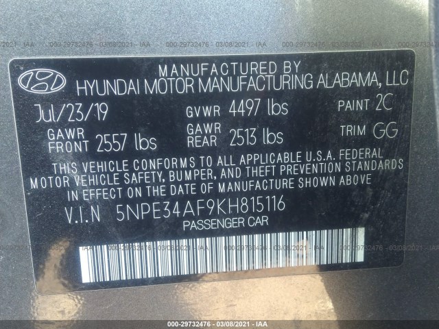 Photo 8 VIN: 5NPE34AF9KH815116 - HYUNDAI SONATA 